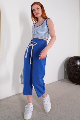 BLZ-06215 Mavi Çizgili U Yaka Crop Triko Bluz - 3