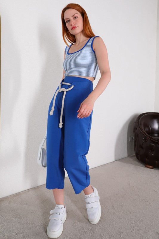 BLZ-06215 Mavi Çizgili U Yaka Crop Triko Bluz - 3