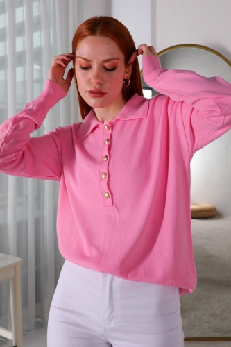BLZ-3888 Pembe Polo Yaka Gold Düğmeli Salaş Triko Bluz - Thumbnail
