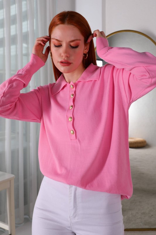 BLZ-3888 Pembe Polo Yaka Gold Düğmeli Salaş Triko Bluz