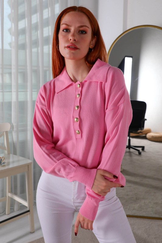 BLZ-3888 Pembe Polo Yaka Gold Düğmeli Salaş Triko Bluz