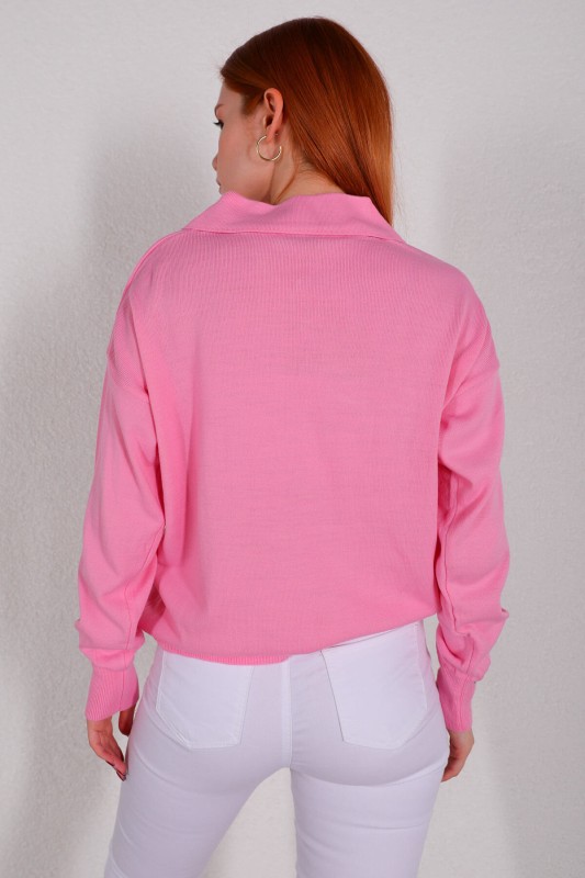 BLZ-3888 Pembe Polo Yaka Gold Düğmeli Salaş Triko Bluz