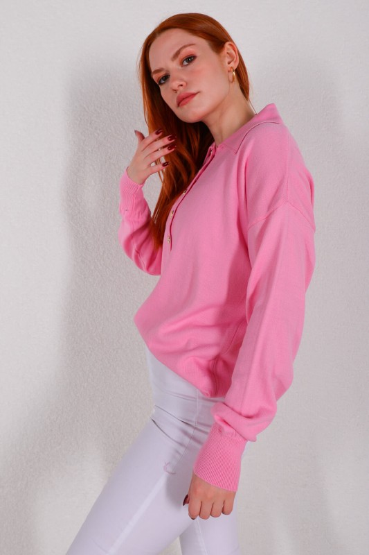 BLZ-3888 Pembe Polo Yaka Gold Düğmeli Salaş Triko Bluz