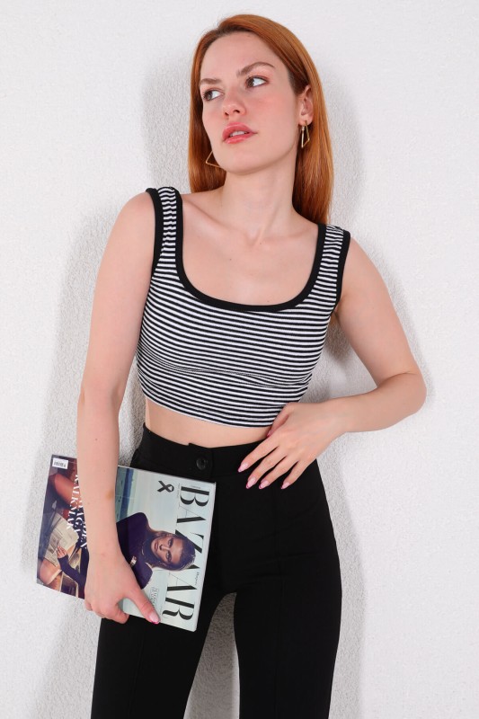 BLZ-06215 Siyah Çizgili U Yaka Crop Triko Bluz - 2