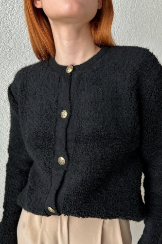 Cappmoda - BLZ-3919 Siyah Gold Düğmeli Peluş Hırka (1)