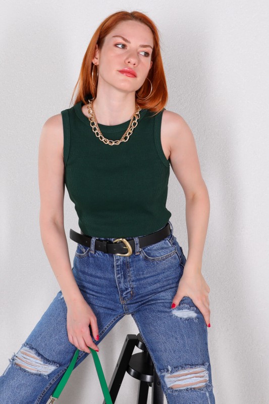 BLZ-06217 Koyu Yeşil Halter Yaka Kaşkorse Kumaş Crop Bluz - 1