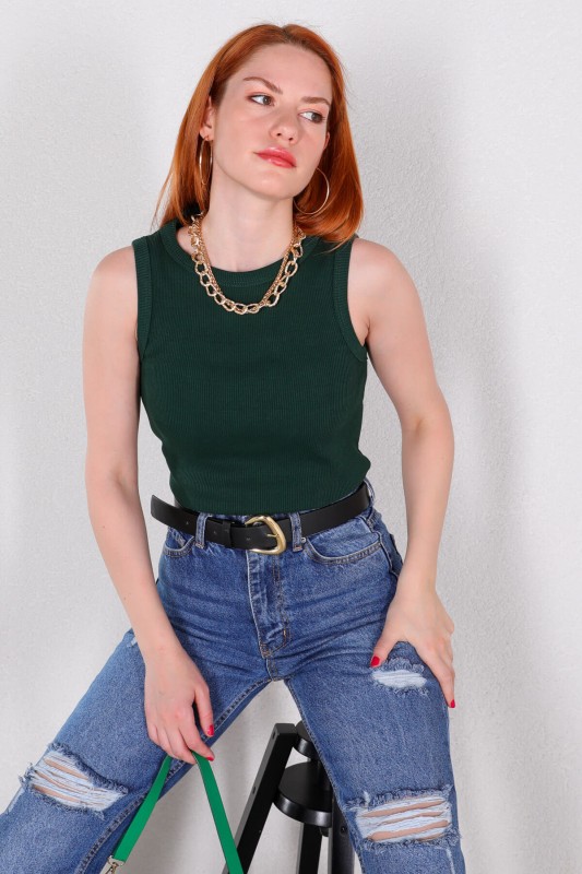 BLZ-06217 Koyu Yeşil Halter Yaka Kaşkorse Kumaş Crop Bluz