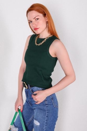 BLZ-06217 Koyu Yeşil Halter Yaka Kaşkorse Kumaş Crop Bluz - 2