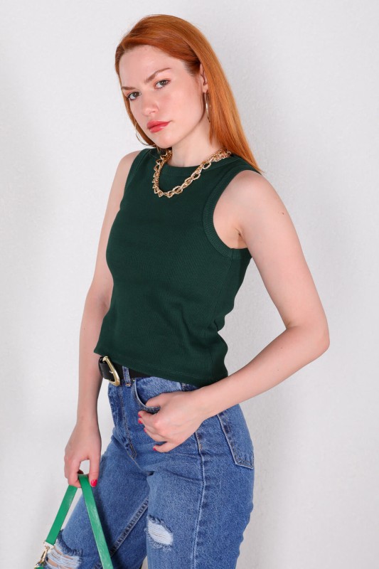BLZ-06217 Koyu Yeşil Halter Yaka Kaşkorse Kumaş Crop Bluz - 2