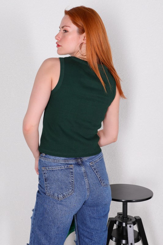 BLZ-06217 Koyu Yeşil Halter Yaka Kaşkorse Kumaş Crop Bluz - 3