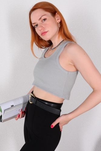 BLZ-06218 Boyama Gri Yuvarlak Yaka Kaşkorse Kumaş Crop Bluz - 2