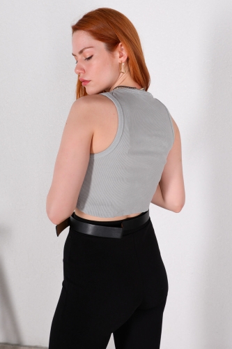 BLZ-06218 Boyama Gri Yuvarlak Yaka Kaşkorse Kumaş Crop Bluz - 3