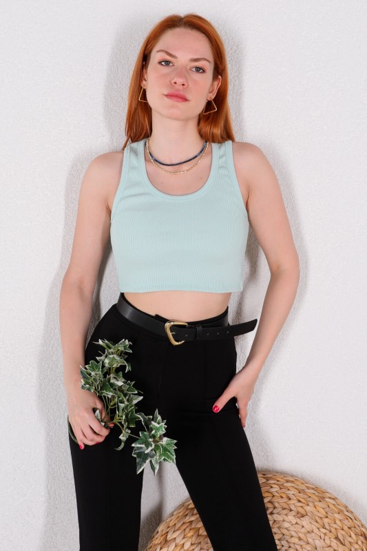 BLZ-06218 Su Yeşili Yuvarlak Yaka Kaşkorse Kumaş Crop Bluz