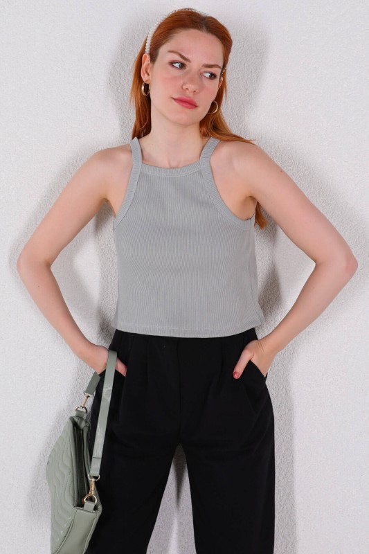 BLZ-06219 Boyama Gri Kaşkorse Kumaş Askılı Crop Bluz