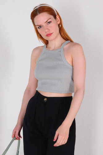 BLZ-06219 Boyama Gri Kaşkorse Kumaş Askılı Crop Bluz - 3