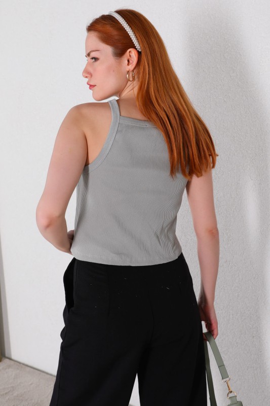 BLZ-06219 Boyama Gri Kaşkorse Kumaş Askılı Crop Bluz - 4