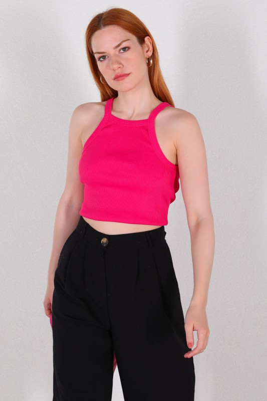 BLZ-06219 Fuşya Kaşkorse Kumaş Askılı Crop Bluz