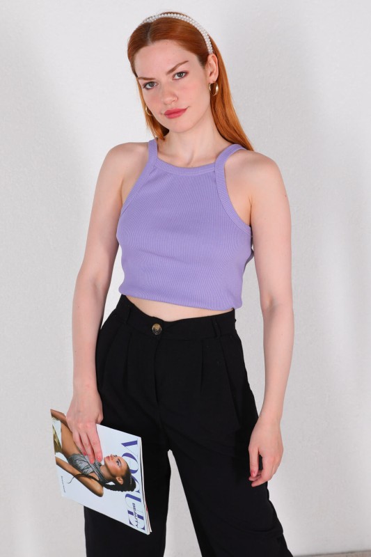 BLZ-06219 Lila Kaşkorse Kumaş Askılı Crop Bluz