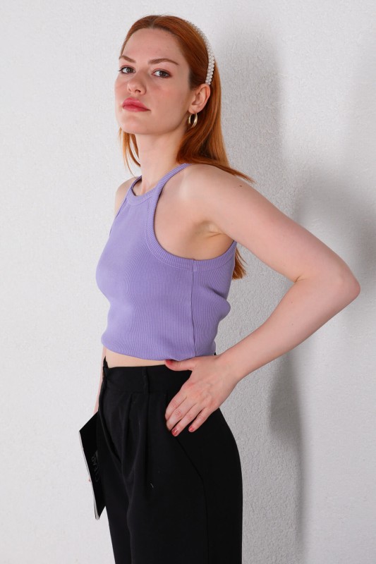 BLZ-06219 Lila Kaşkorse Kumaş Askılı Crop Bluz