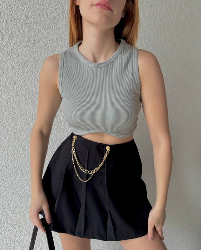 BLZ-06220 Boyama Gri Bel Oval Detay Kaşkorse Kumaş Crop Bluz - 1