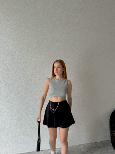 BLZ-06220 Boyama Gri Bel Oval Detay Kaşkorse Kumaş Crop Bluz - 2