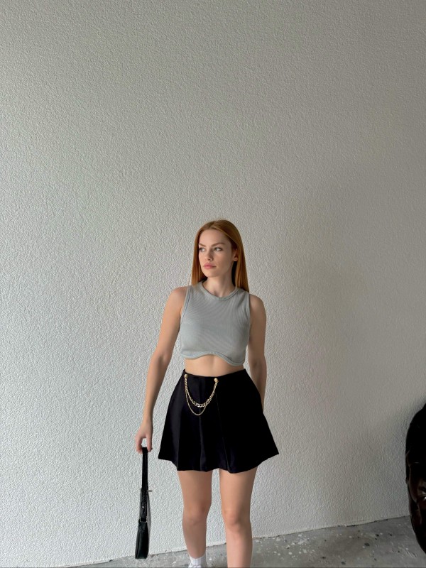 BLZ-06220 Boyama Gri Bel Oval Detay Kaşkorse Kumaş Crop Bluz - 2