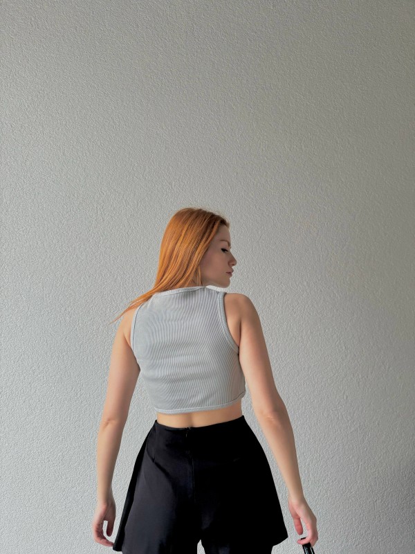 BLZ-06220 Boyama Gri Bel Oval Detay Kaşkorse Kumaş Crop Bluz - 3