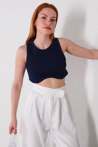 Cappmoda - BLZ-06220 Lacivert Bel Oval Detay Kaşkorse Kumaş Crop Bluz (1)