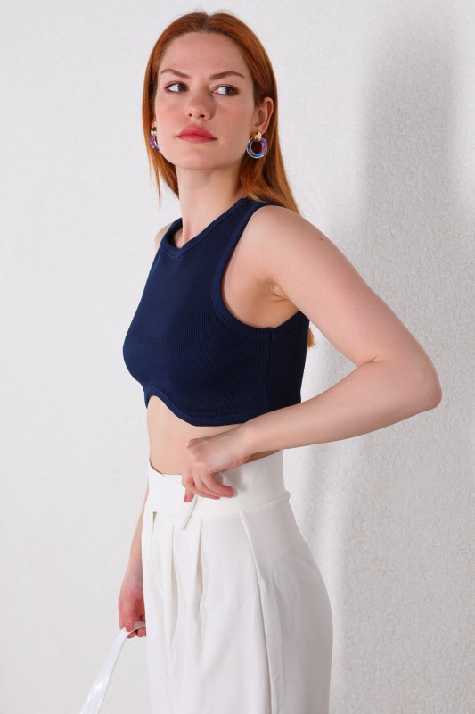 BLZ-06220 Lacivert Bel Oval Detay Kaşkorse Kumaş Crop Bluz