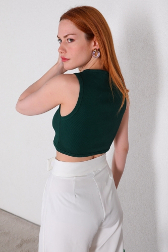 BLZ-06220 Nefti Yeşili Bel Oval Detay Kaşkorse Kumaş Crop Bluz - 4