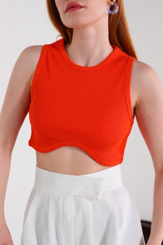 Cappmoda - BLZ-06220 Turuncu Bel Oval Detay Kaşkorse Kumaş Crop Bluz (1)