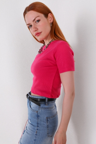 Cappmoda - BLZ-06222 Pembe Kısa Kol Kaşkorse Kumaş Crop Bluz (1)
