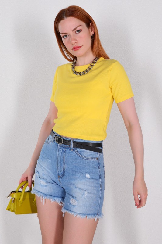 BLZ-06222 Sarı Kısa Kol Kaşkorse Kumaş Crop Bluz - 1