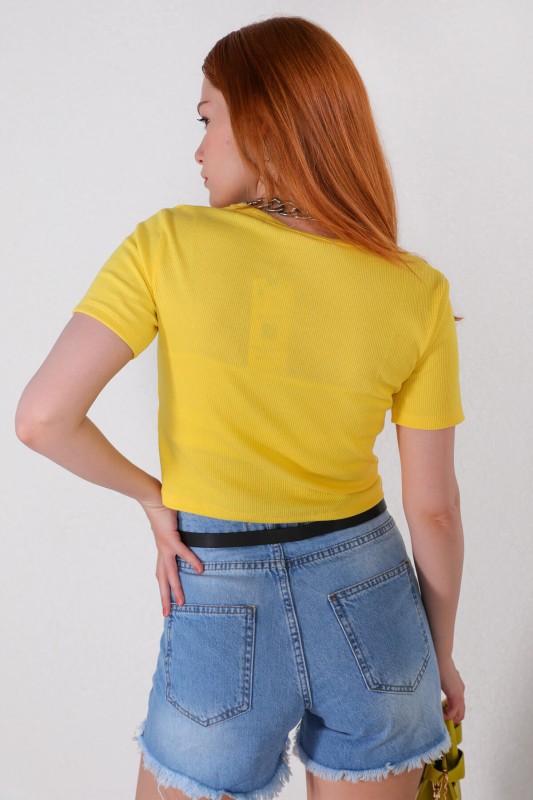 BLZ-06222 Sarı Kısa Kol Kaşkorse Kumaş Crop Bluz - 3