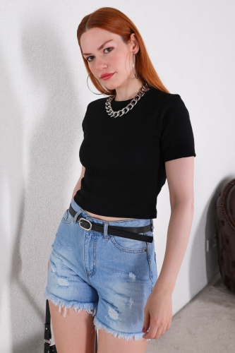 Cappmoda - BLZ-06222 Siyah Kısa Kol Kaşkorse Kumaş Crop Bluz (1)
