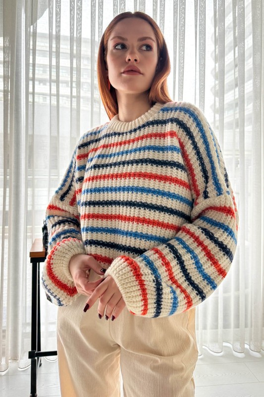 BLZ-3496 Ekru Turuncu Mavi Çizgili Yuvarlak Yaka Crop Triko Bluz
