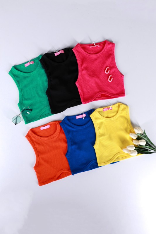 BLZ-06224 Sarı Oval Bel Detay Kaşkorse Kolsuz Crop Bluz - 1