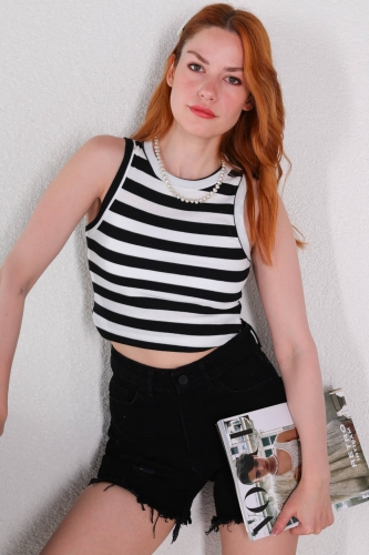 BLZ-06229 Siyah Yatay Çizgili Halter Yaka Kaşkorse Bluz - 2