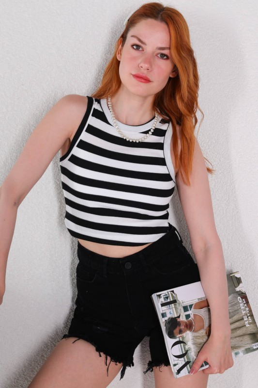 BLZ-06229 Siyah Yatay Çizgili Halter Yaka Kaşkorse Bluz - 2