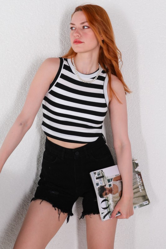 BLZ-06229 Siyah Yatay Çizgili Halter Yaka Kaşkorse Bluz - 1