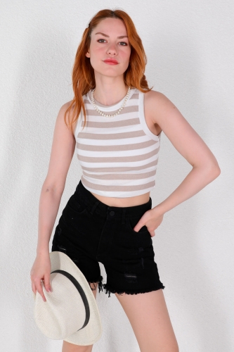 BLZ-06229 Taş Rengi Yatay Çizgili Halter Yaka Kaşkorse Bluz - 3