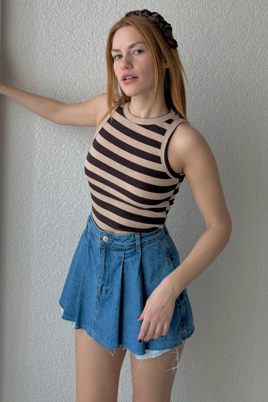 BLZ-06229 Vizon Yatay Çizgili Halter Yaka Kaşkorse Bluz - 2