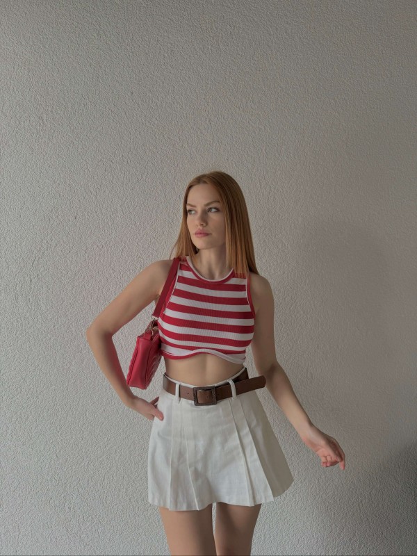 BLZ-06232 Kırmızı Yatay Çizgili Oval Bel Detaylı Kaşkorse Crop Bluz - 1