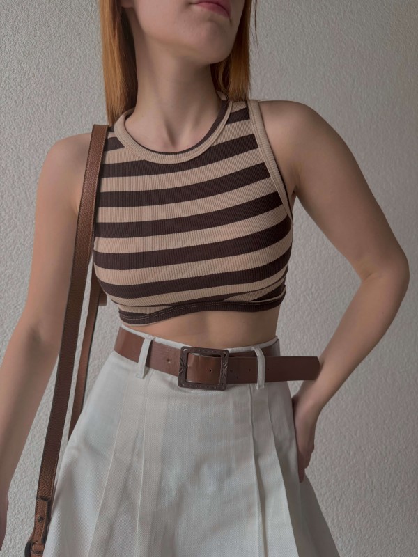 BLZ-06232 Vizon Yatay Çizgili Oval Bel Detaylı Kaşkorse Crop Bluz - 1