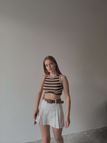 BLZ-06232 Vizon Yatay Çizgili Oval Bel Detaylı Kaşkorse Crop Bluz - 2