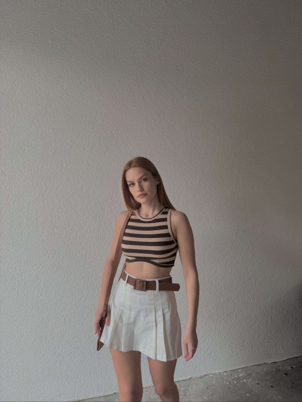 BLZ-06232 Vizon Yatay Çizgili Oval Bel Detaylı Kaşkorse Crop Bluz - 2