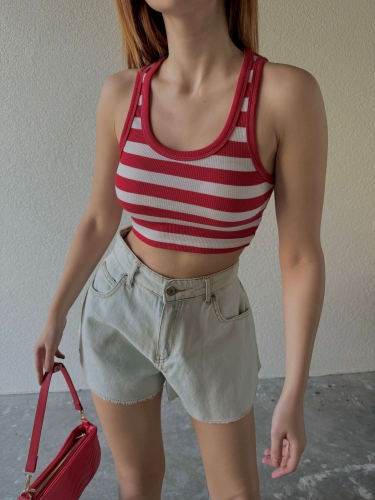 BLZ-06234 Kırmızı Yatay Çizgili U Yaka Kaşkorse Crop Bluz - 1