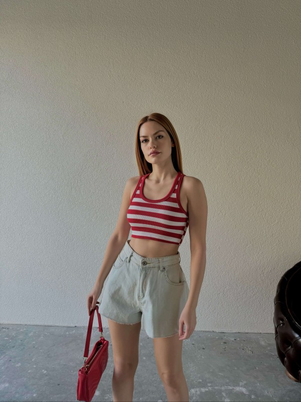 BLZ-06234 Kırmızı Yatay Çizgili U Yaka Kaşkorse Crop Bluz - 2