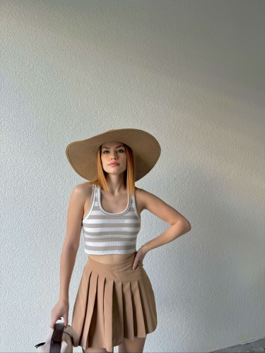 BLZ-06234 Taş Rengi Yatay Çizgili U Yaka Kaşkorse Crop Bluz - 2