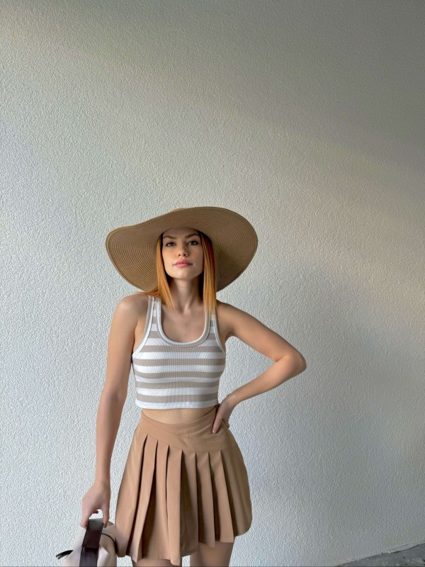 BLZ-06234 Taş Rengi Yatay Çizgili U Yaka Kaşkorse Crop Bluz - 2